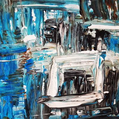 Blue-grey and gold abstract painting about memory and emotional distance by ezeeart.